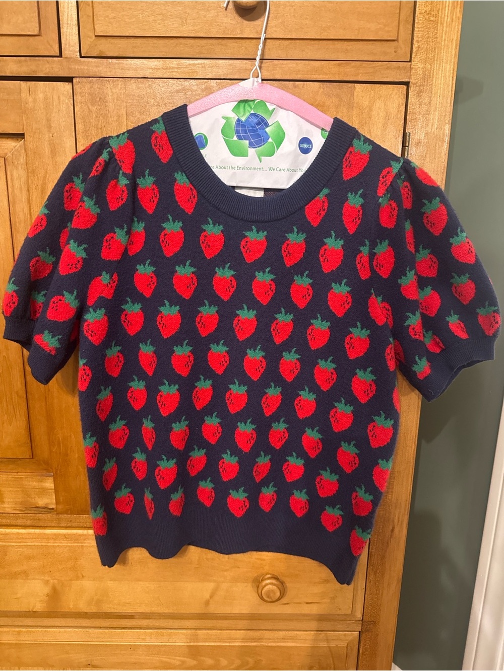 Maeve Navy Short-Sleeve Knit Top with Red Strawberry Print